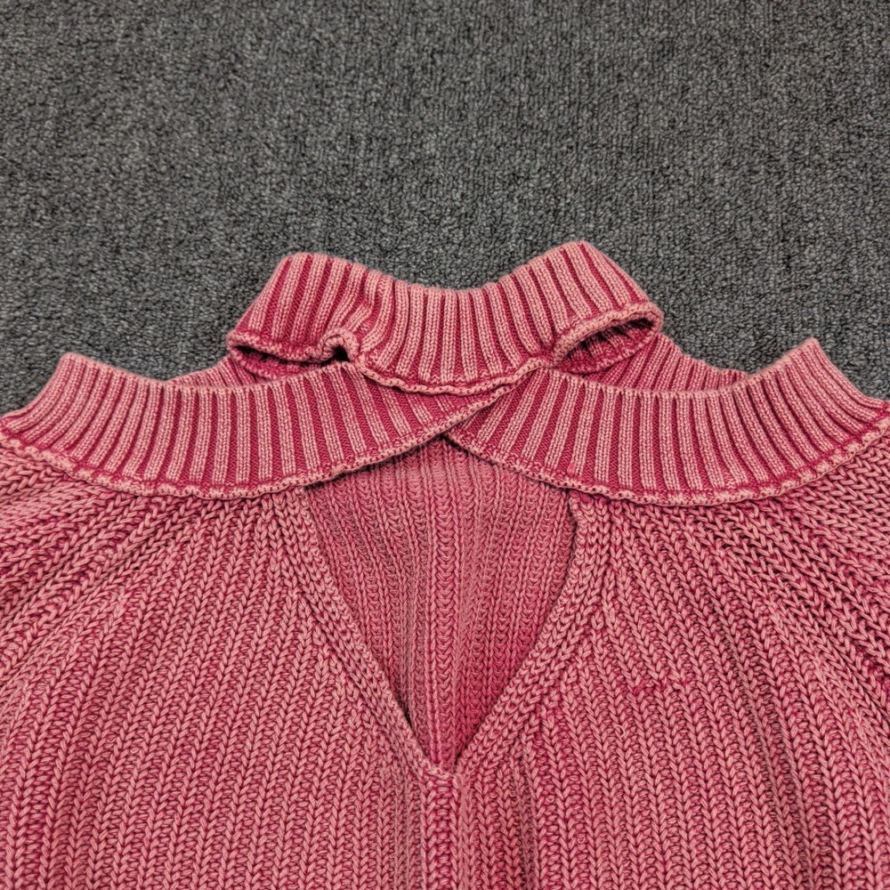 Free‎ People Boho Cold Shoulder V-Neck Sweater XS Pink Cotton Ribbed Chunky Knit - Picture 7 of 10
